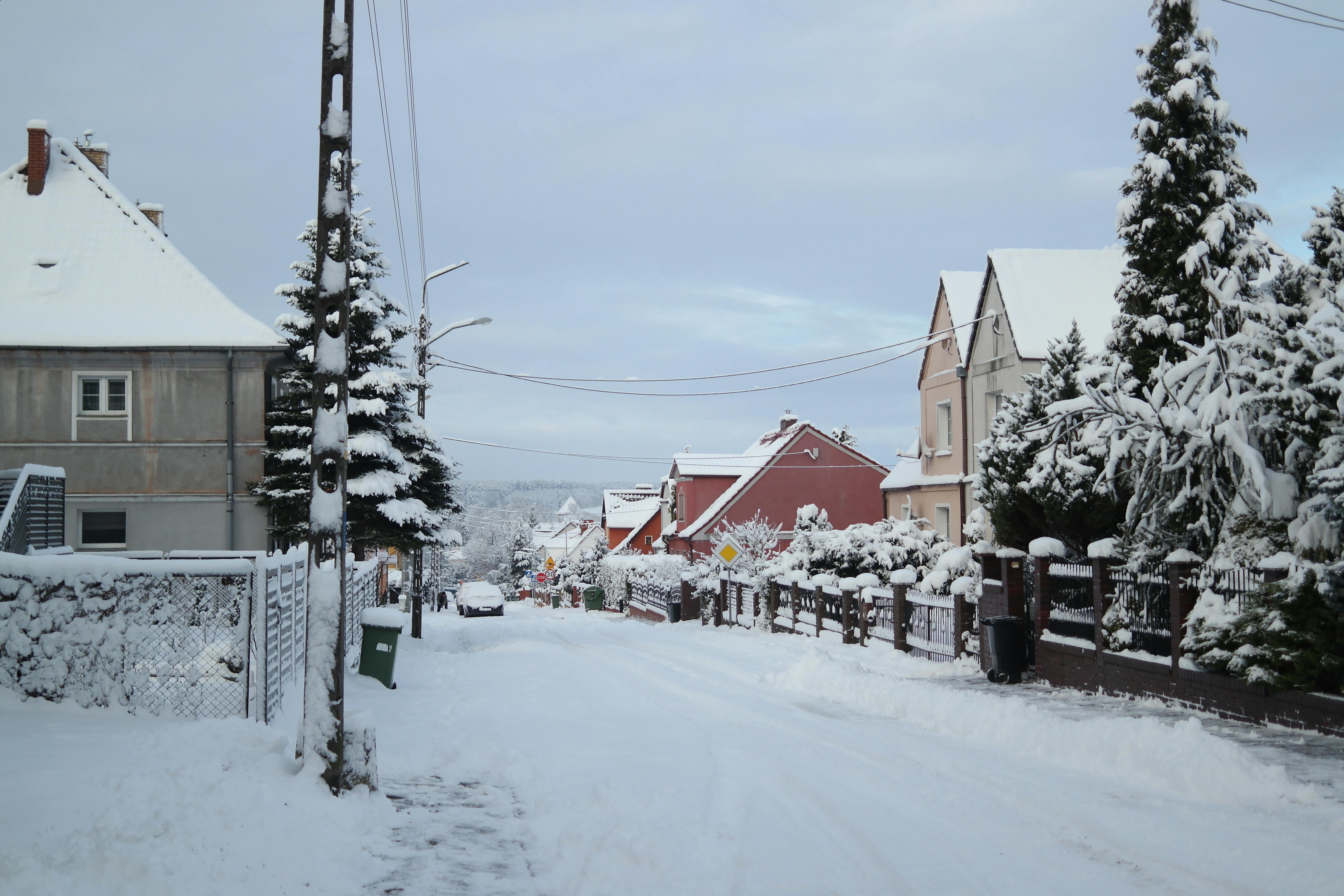 Snow-covered residential street and driveway area in winter